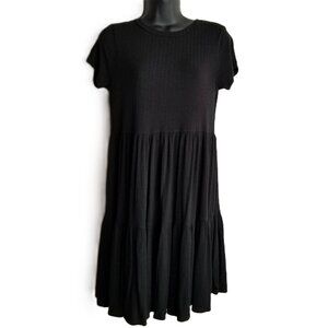 See You Monday Tiered Dress Large Black Ribbed Prairie Style Romantic Casual